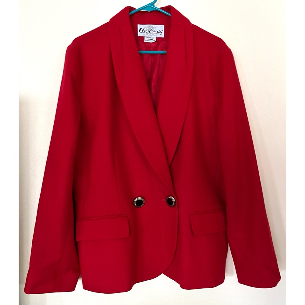 Vintage 80s 90s Oleg Cassini Blazer Red Wool New Wave Metal Buttons Size Large